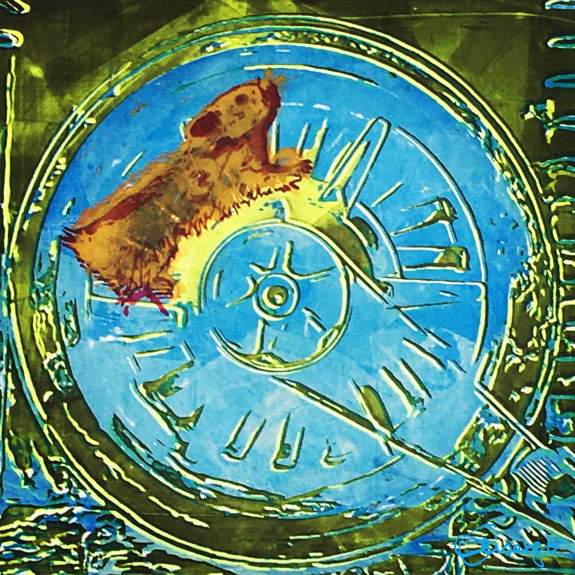 Bild, Gemälde, Siebdruck, Augsburg, Industrie, Zahnrad, Uhrwerk, Wasser, Figur, Hamster, Elisabeth Ernicke-Goßner, Elisergo