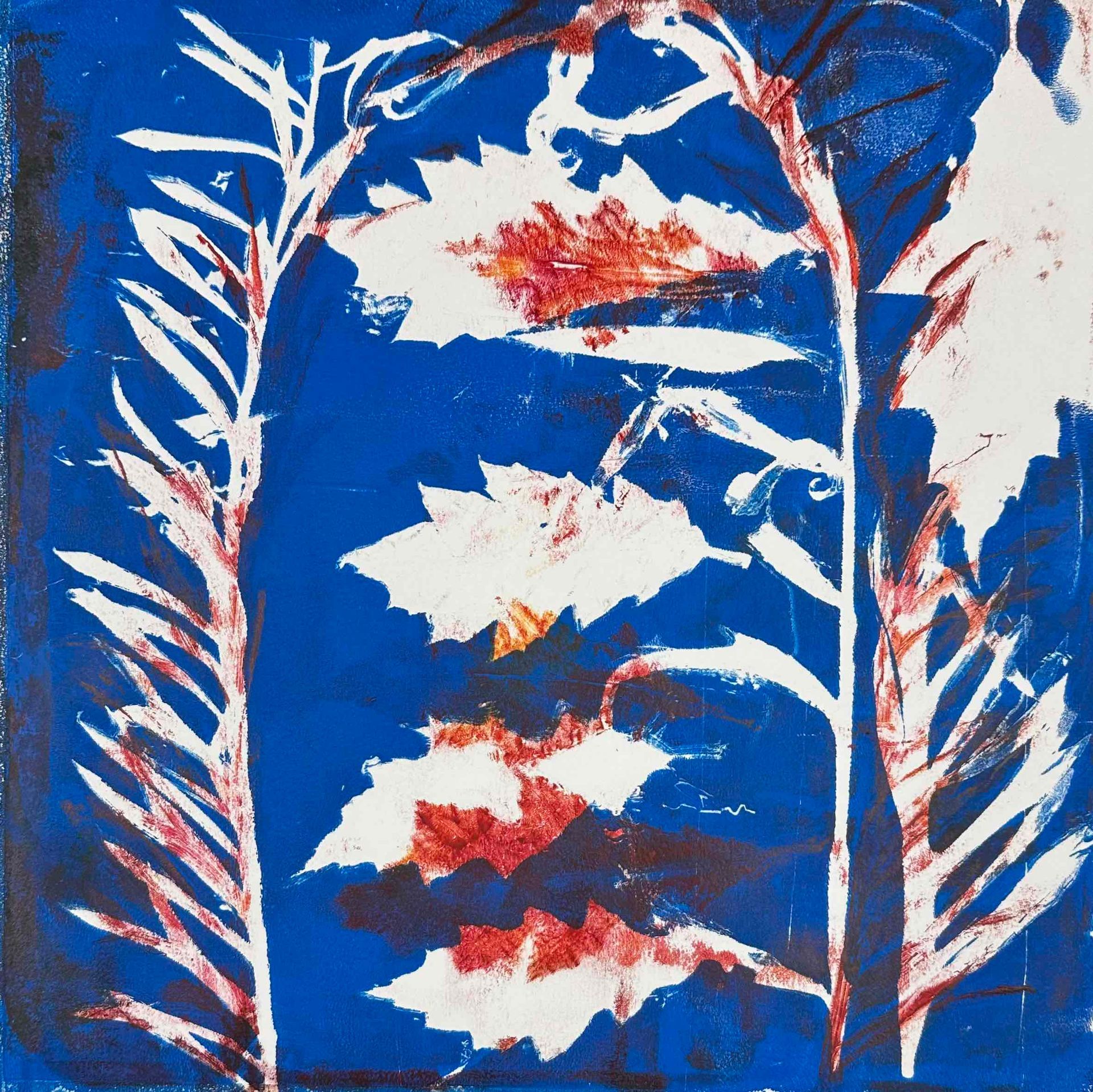 Elisergo, Gemälde, quadratisch, Gelliprint, Herbst, Blätter, florale Motive, Licht und Farben, Acrylmalerei, moderne Kunst, Abstrakte Malerei ,Winter, Zuversicht, Besinnlichkeit , #elisergo,