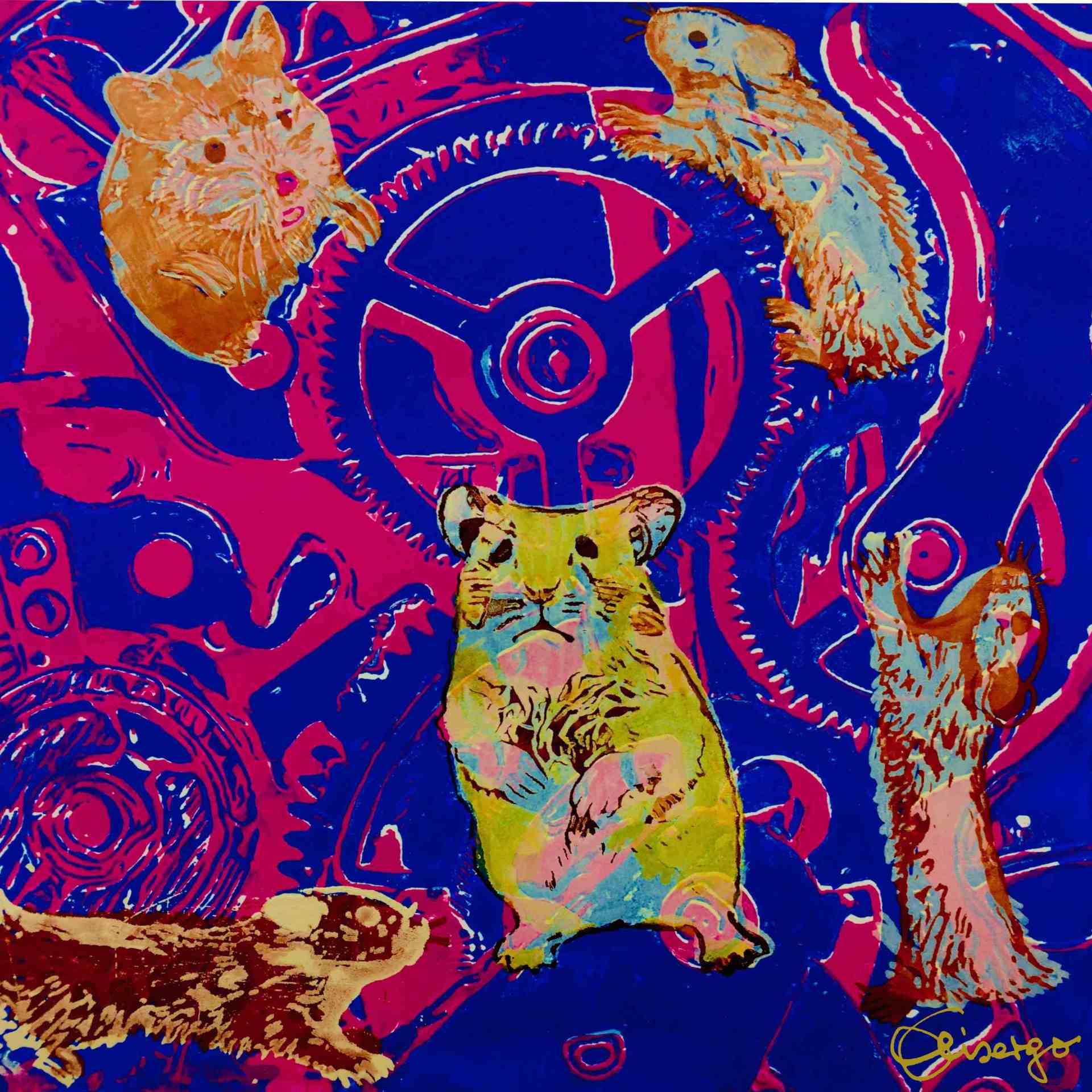 Bild, Gemälde, Siebdruck, Augsburg, Industrie, Zahnrad, Uhrwerk, Wasser, Figur, Hamster, Elisabeth Ernicke-Goßner, Elisergo