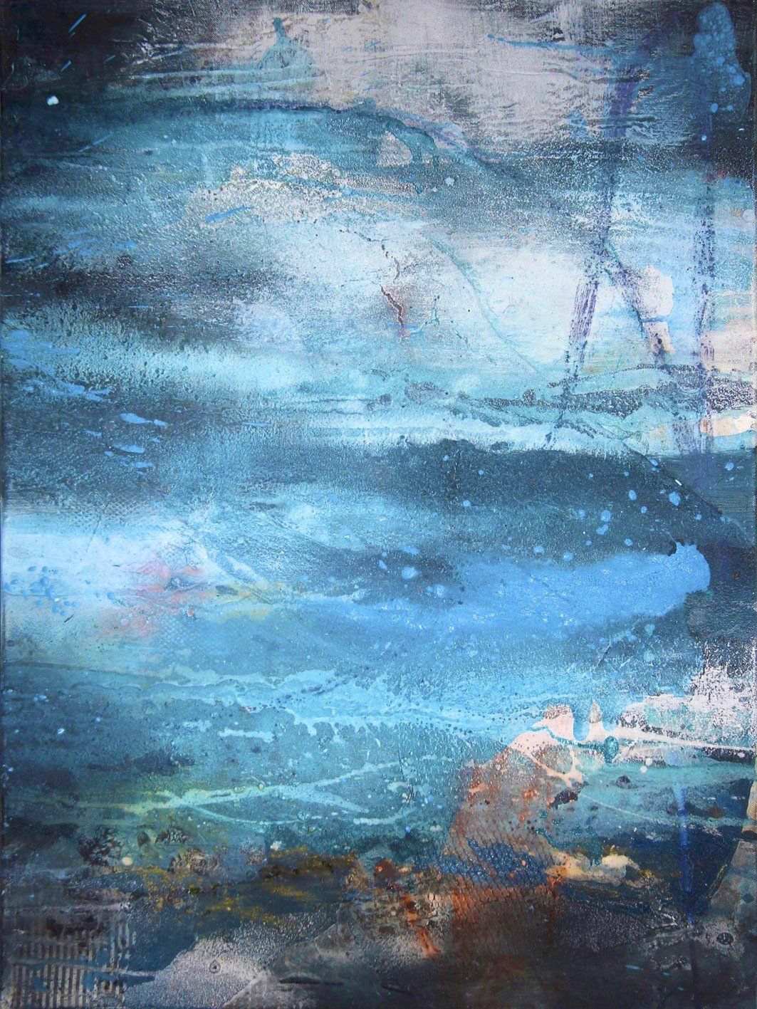 Bild-Leinwand-Mischtechnik-abstrakt-blau-Wasser-Fisch-Tauchen-Elisabeth-Ernicke-Goßner,