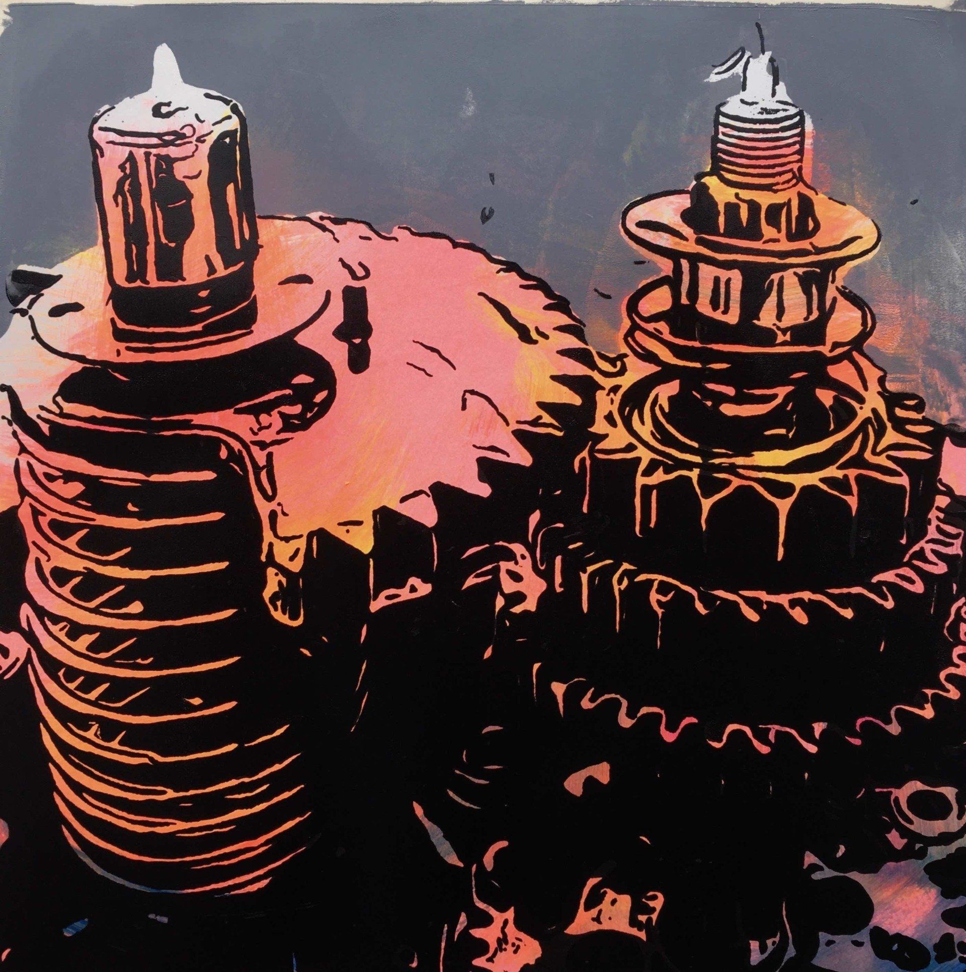 Bild, Gemälde, Siebdruck, Augsburg, Industrie, Zahnrad, Uhrwerk, Wasser, Figur, Hamster, Elisabeth Ernicke-Goßner, Elisergo