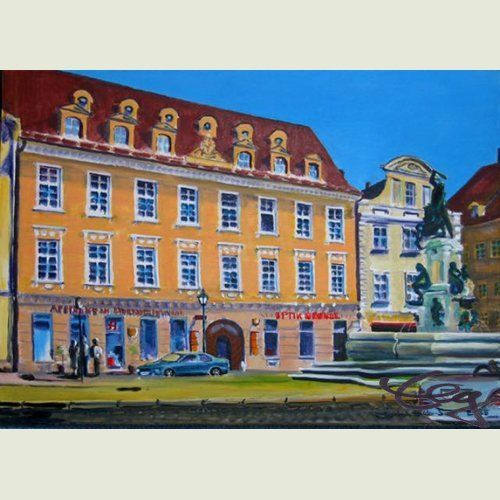 Bild, Augsburg, Acryl, Gebäude, Haus, Wasser, Brunnen, Elisabeth Ernicke-Goßner