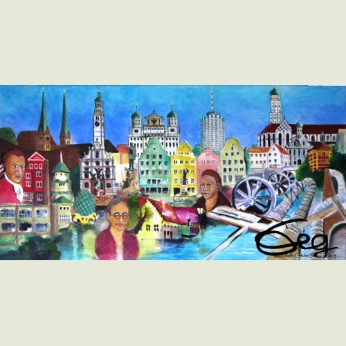 Bild, Gemälde, Augsburg, Welterbe,  Wasser, Gottheit, Symbol, Figur, Statue, Brunnen, Elisabeth Ernicke-Goßner, Elisergo