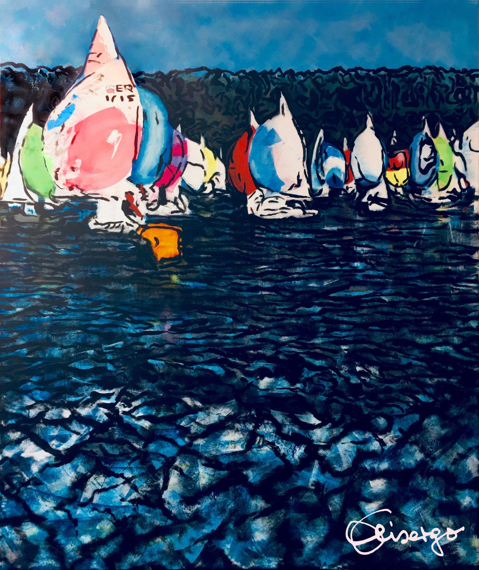 Bild, Gemälde, Acryl, Leinwand, Segeln, Drachen, H-Boot, Wasser, Welle, Gischt, groß, Spinnaker, segeln, 