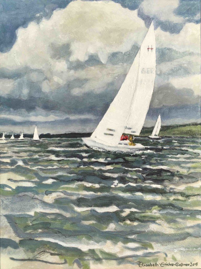 Bild, Elisabeth, Ernicke-Goßner, Schiff, H-Boot, Yacht, segeln, HSC, Herrschinger Segelclub, Acryl, Leinwand, Segeln
