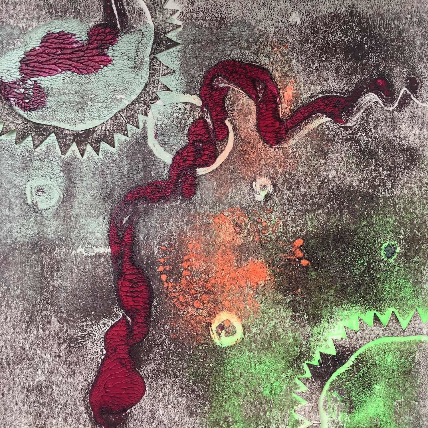 Bild, Gemälde, Siebdruck, Monotypie,  Corona, Kunst, Augsburg, Zahnrad, Uhrwerk, Tanz, Virus , Figur, Hamster, Chronik, Elisabeth Ernicke-Goßner, Elisergo