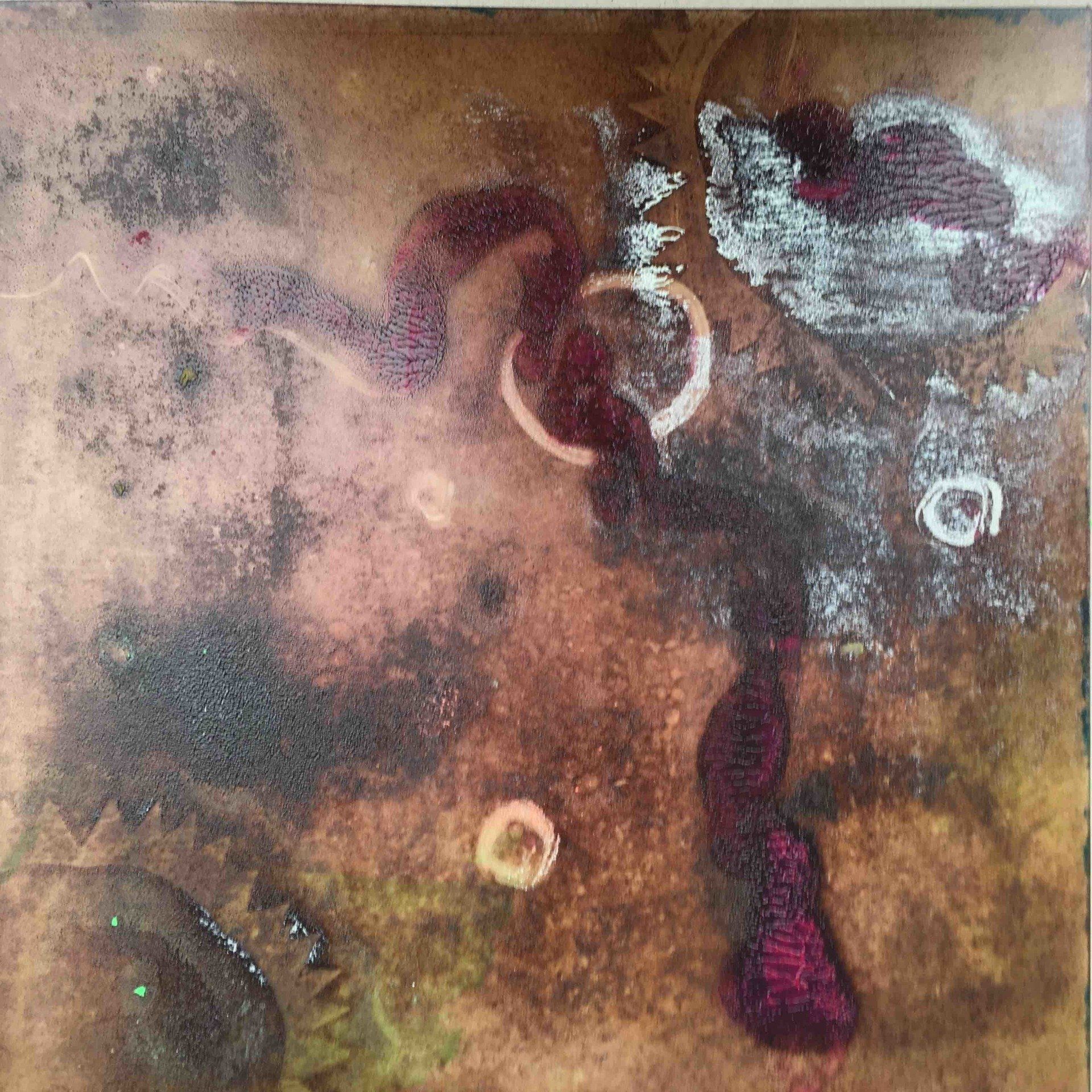 Bild, Gemälde, Siebdruck, Monotypie,  Corona, Kunst, Augsburg, Zahnrad, Uhrwerk, Tanz, Virus , Figur, Hamster, Chronik, Elisabeth Ernicke-Goßner, Elisergo