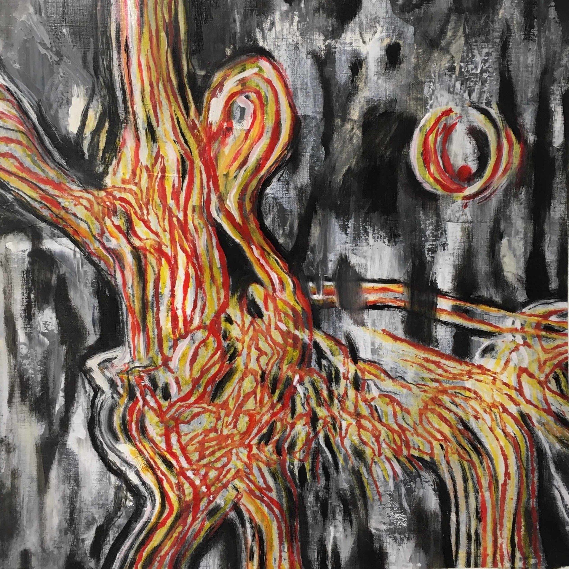 Bild, Gemälde, Siebdruck, Monotypie,  Corona, Kunst, Augsburg, Zahnrad, Uhrwerk, Tanz, Virus , Figur, Hamster, Chronik, Elisabeth Ernicke-Goßner, Elisergo