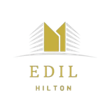 Logo EDIL Hilton in oro e grigio con icona stilizzata dell'edificio.