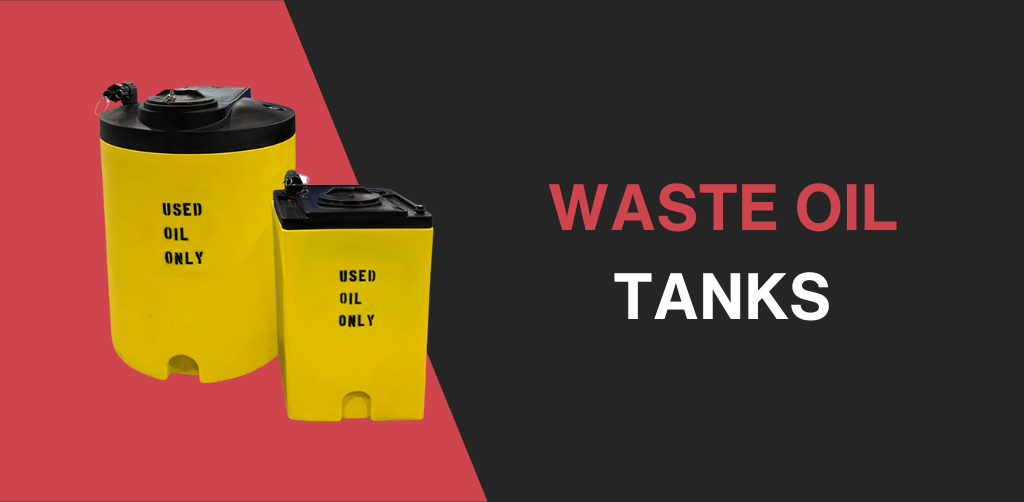 Two yellow waste oil tanks are sitting next to each other on a red and black background.