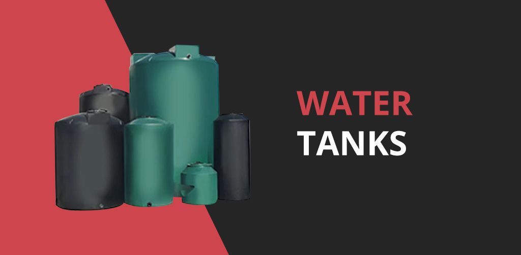 A group of water tanks are sitting next to each other on a red and black background.