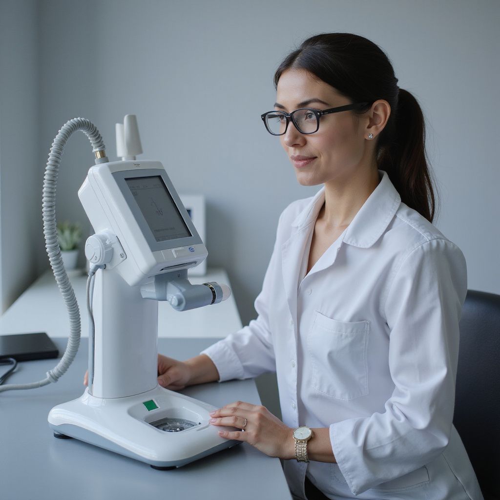 Woman in glasses and lab coat operating a medical device on a desk.