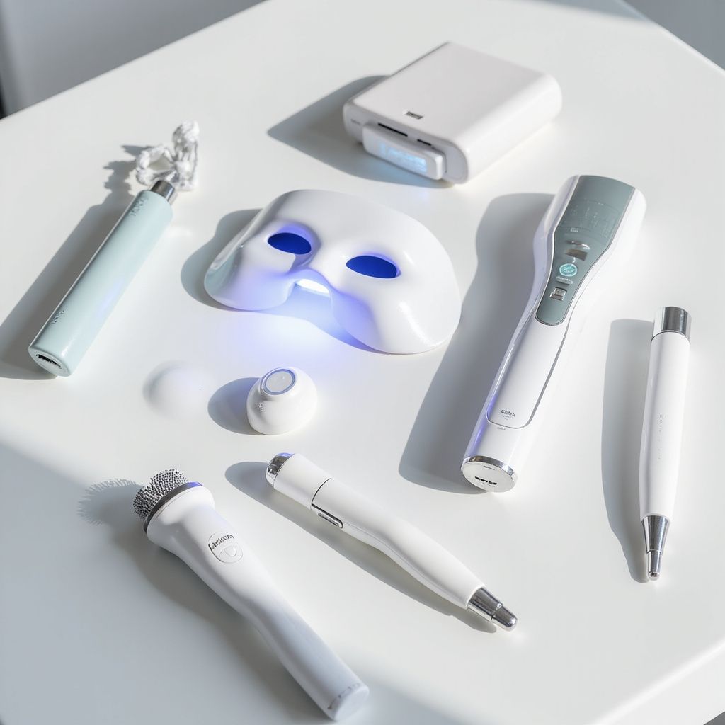 White beauty tools arranged on a white surface, including a face mask and handheld devices.