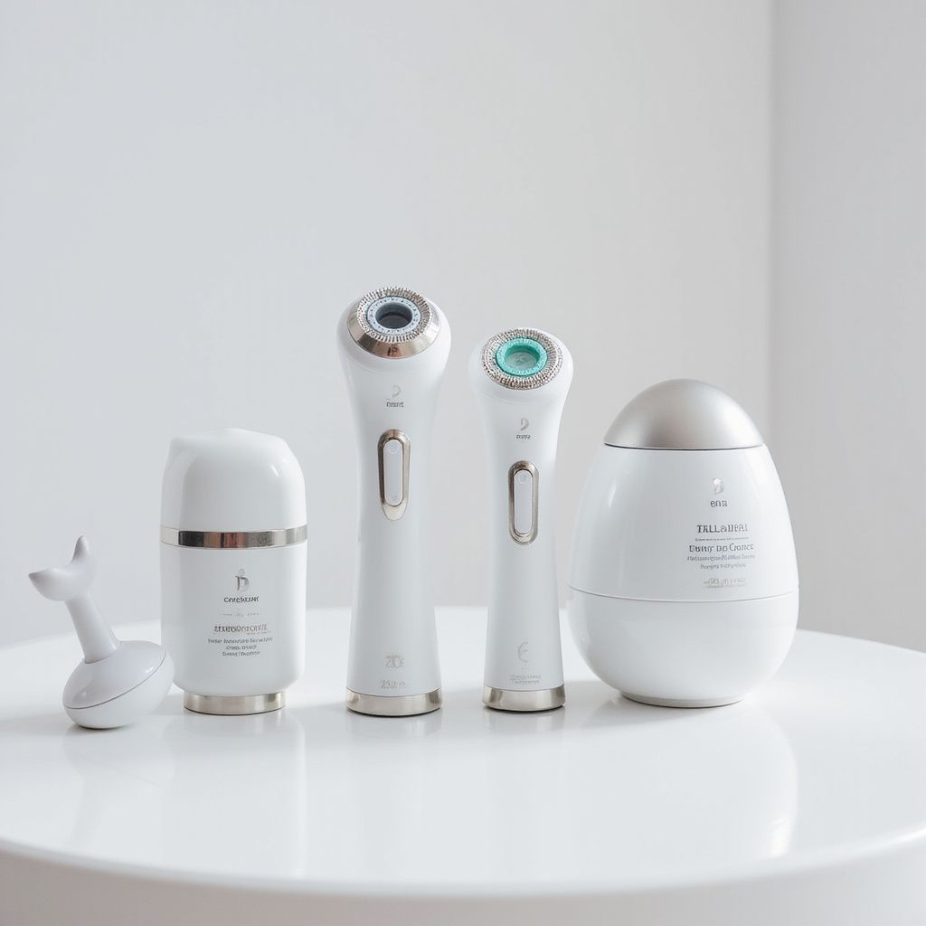 White beauty devices on a white table against a white background.