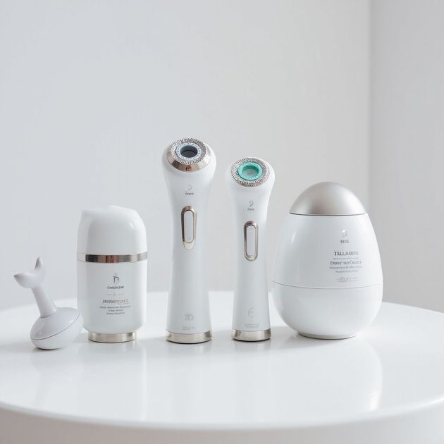 Five white skincare devices on a white table against a white background.