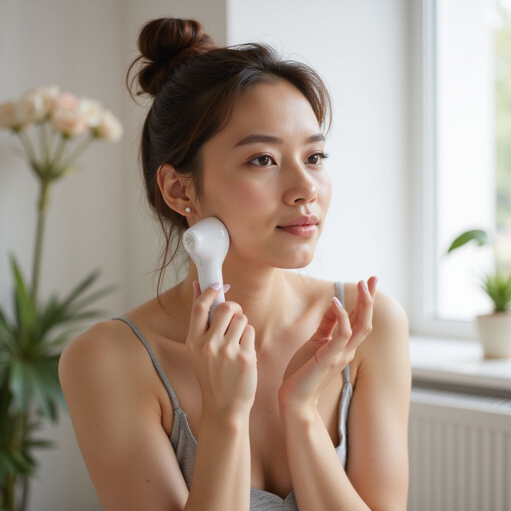 Woman using a facial cleansing brush in a brightly lit room. She holds the device to her cheek.