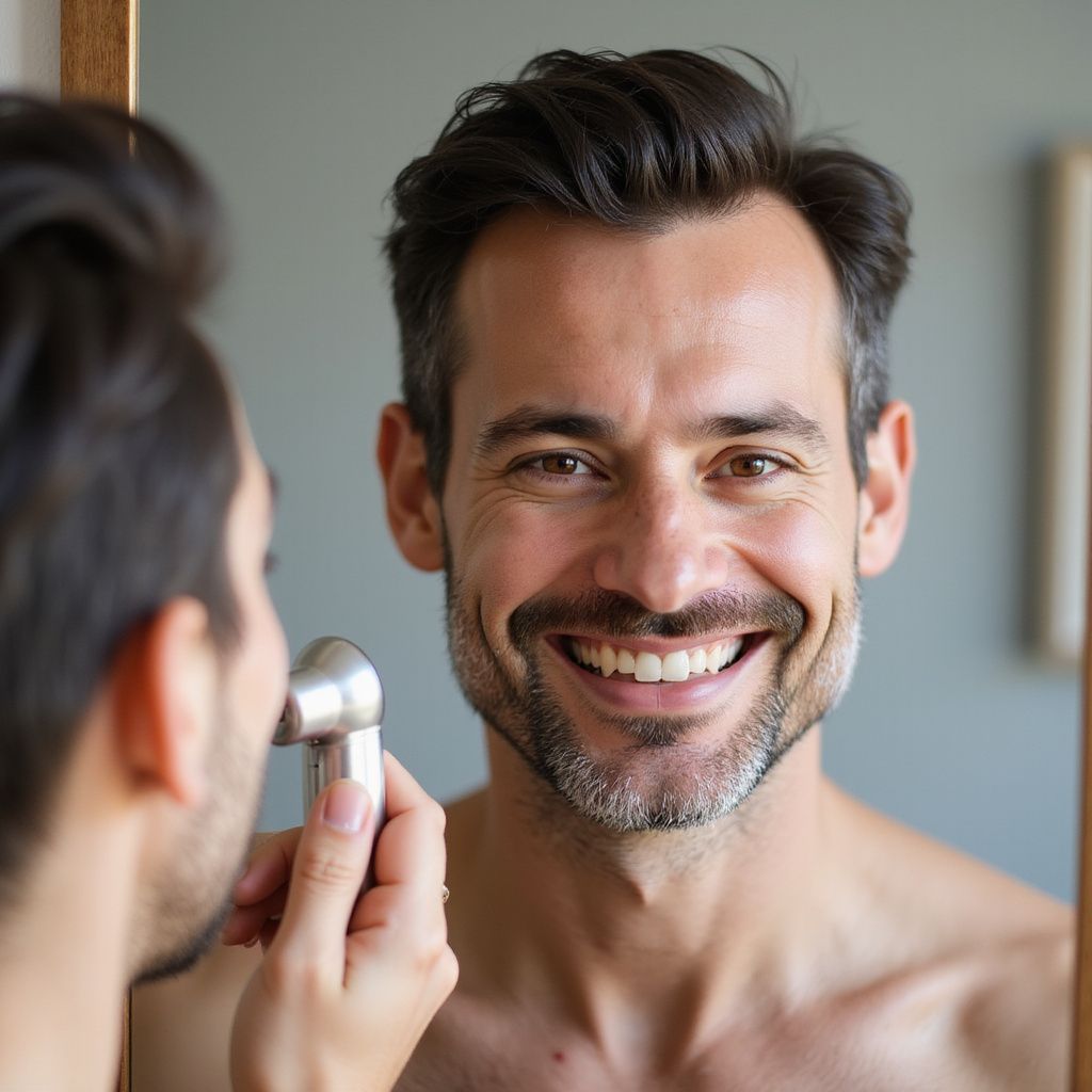 Man smiling while holding a grooming device in front of a mirror.