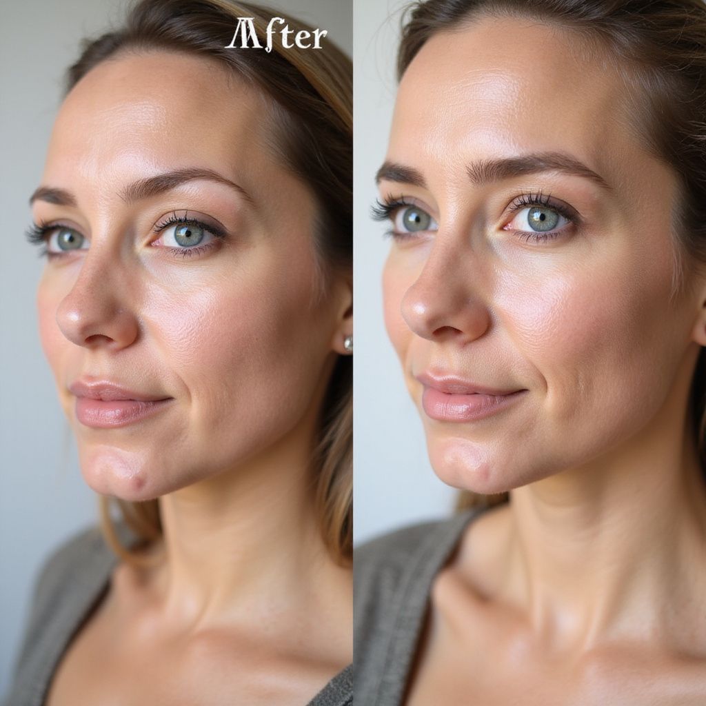 Comparison of a person's face before and after makeup. The after photo has smoother skin and more definition.