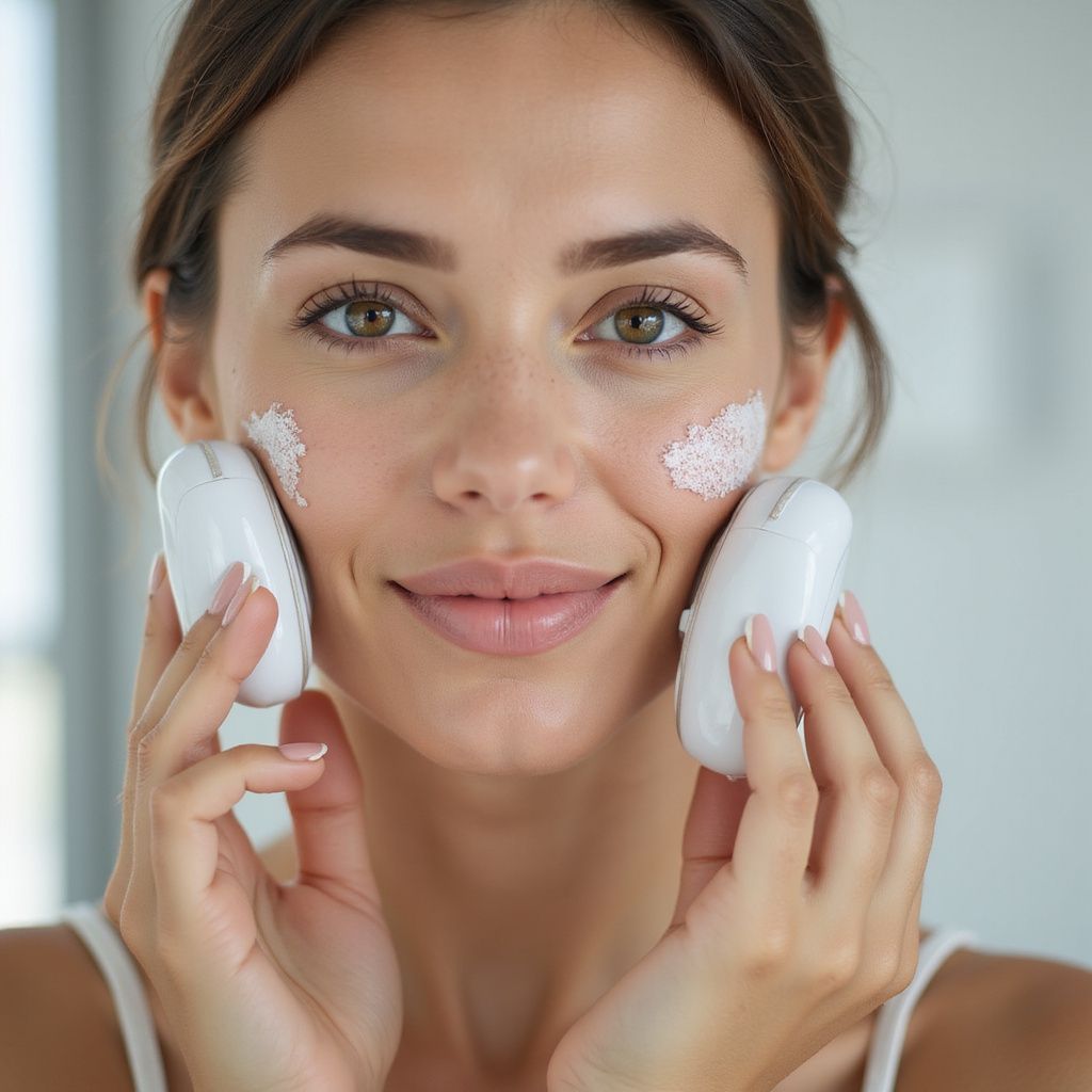Woman applying facial scrub with two white devices.