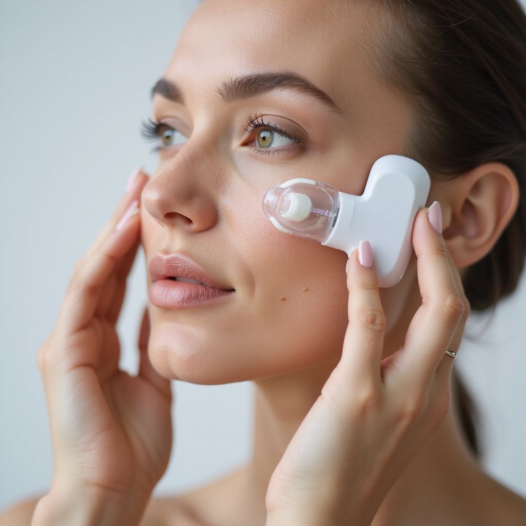 Woman uses a facial device on her cheek. White device, light skin, indoor.