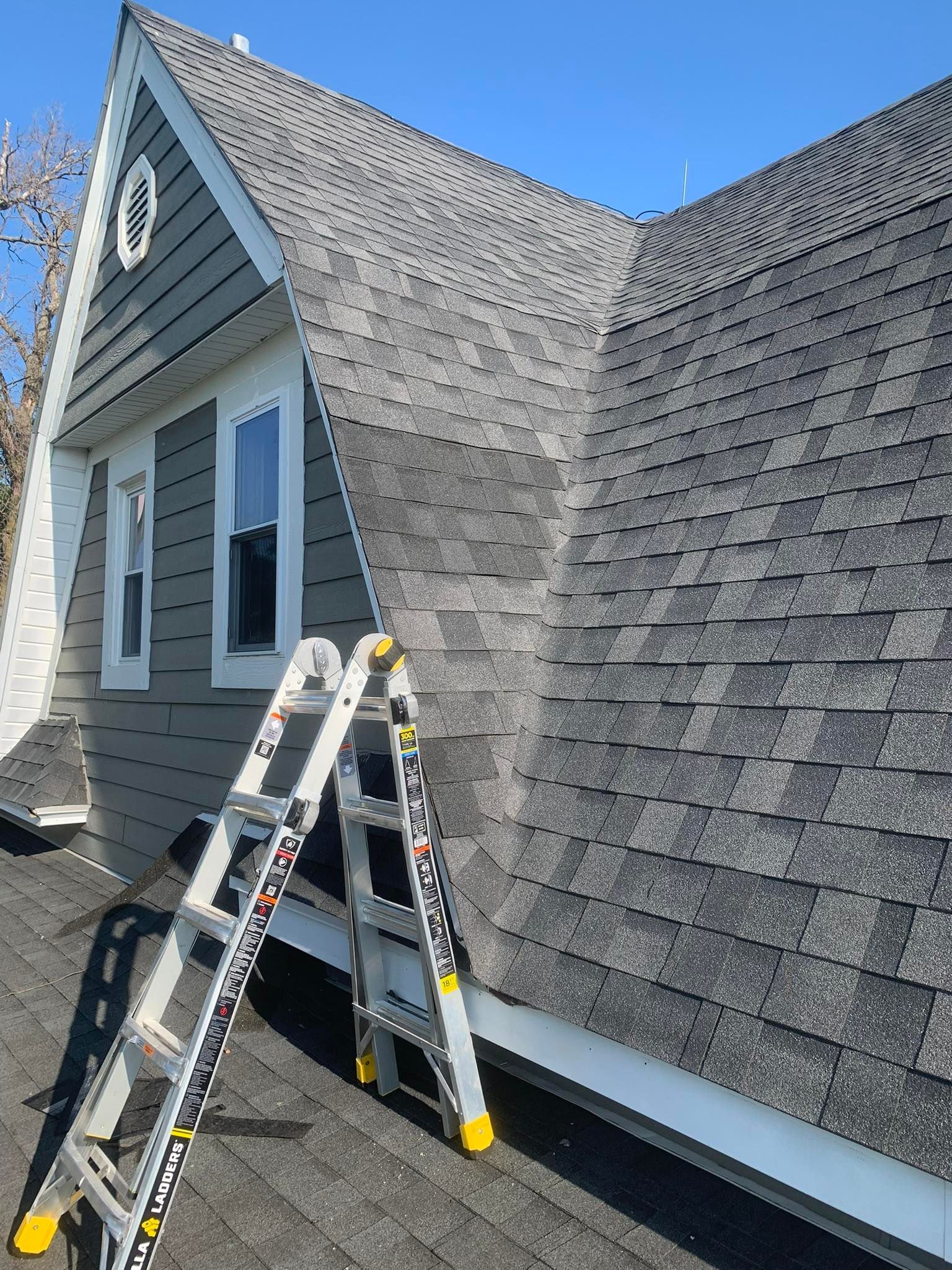 A silver extension ladder leans against a steep residential roof with gray shingles under a clear blue sky.