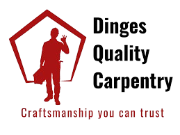 Logo for Dinges Quality Carpentry with a red house outline, a worker holding tools, and the text "Craftsmanship you can trust."
