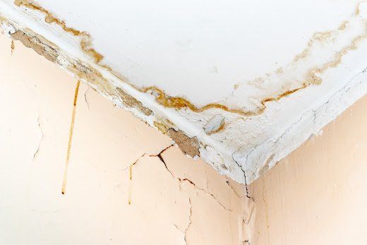 Ceiling corner with water damage, brown stains, and cracked paint on the walls.