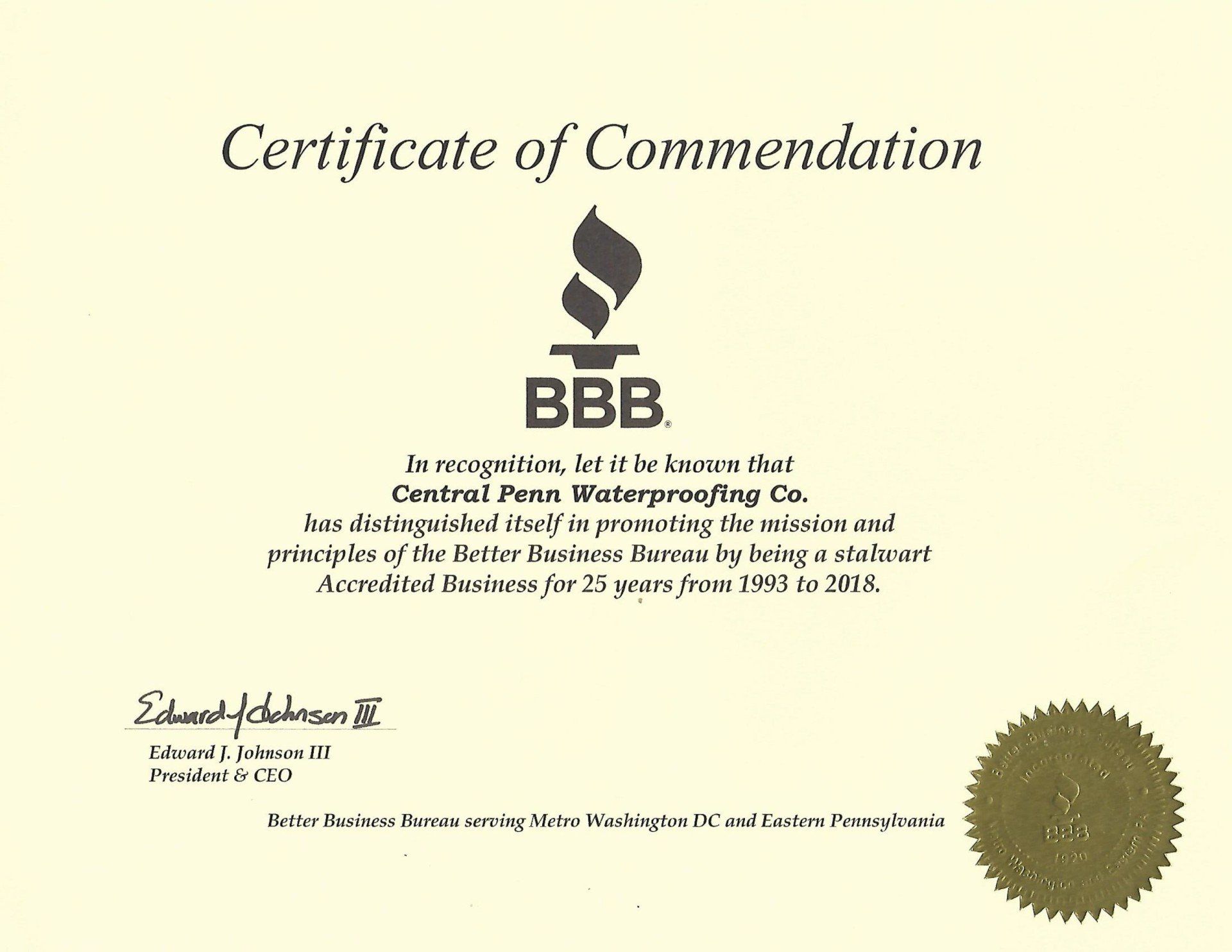 Certificate of Commendation — Marietta, PA — Central Penn Waterproofing