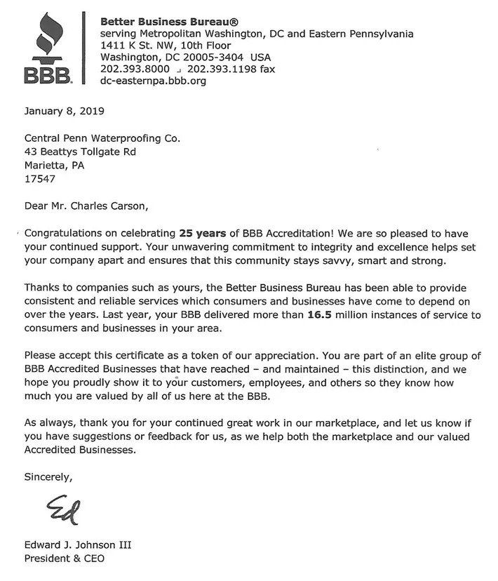 BBB Accreditation — Marietta, PA — Central Penn Waterproofing