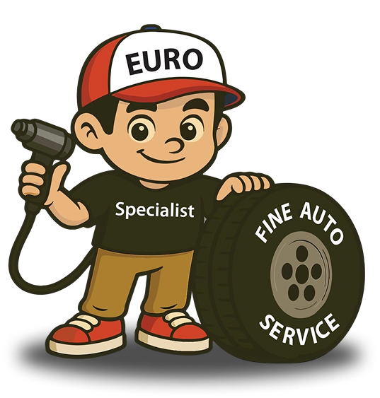 Cartoon mechanic holding air tool, leaning on a tire labeled 