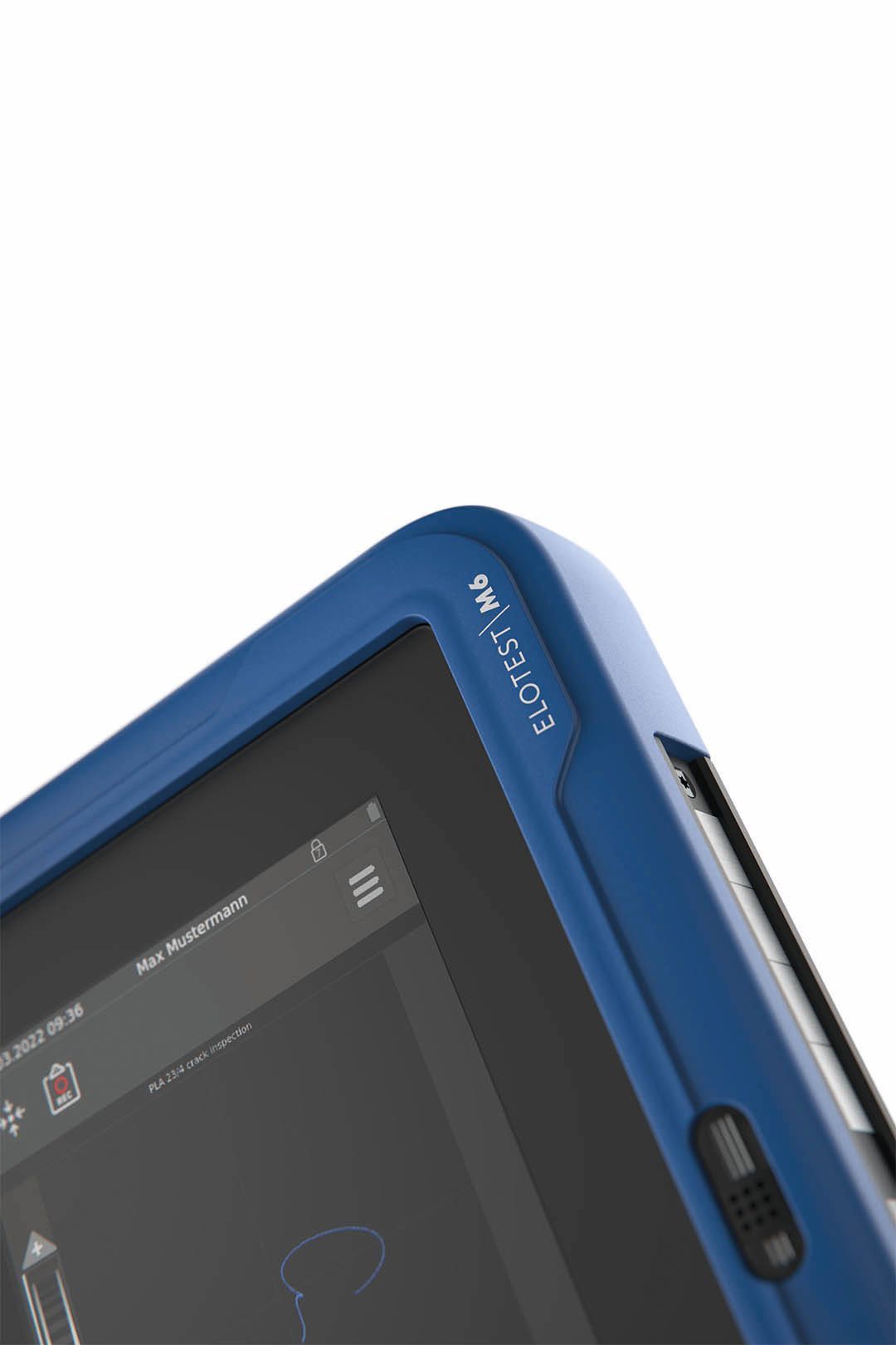 A close up of a blue tablet on a white background.