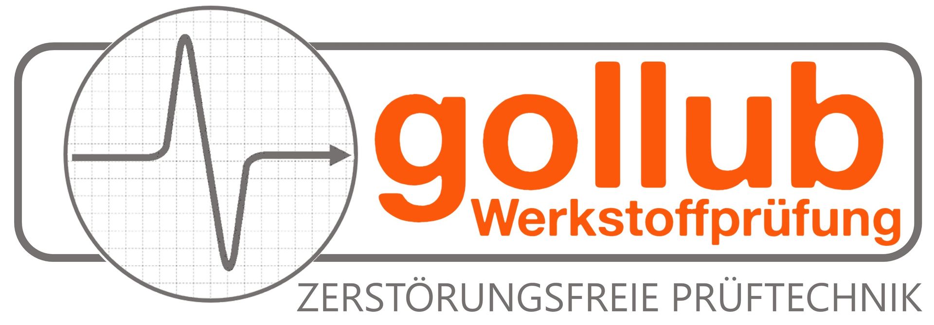 Logo for Gollub Werkstoffprüfung with waveform icon and subtitle “Zerstörungsfreie Prüftechnik”