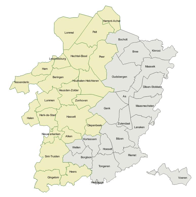 Opruimen en opruimwerken te en in Arrondissement Hasselt (14 van de 17 gemeenten): Beringen, Diepenbeek, Gingelom, Halen, Ham, Hasselt, Herk-de-Stad, Heusden-Zolder, Leopoldsburg, Lummen, Nieuwerkerken, Sint-Truiden, Tessenderlo, Zonhoven  Arrondissement Maaseik (6 van de 12 gemeenten): Hamont-Achel, Hechtel-Eksel, Houthalen-Helchteren, Lommel, Peer, Pelt  Arrondissement Tongeren (5 van de 13 gemeenten): Alken, Borgloon, Heers, Kortessem, Wellen