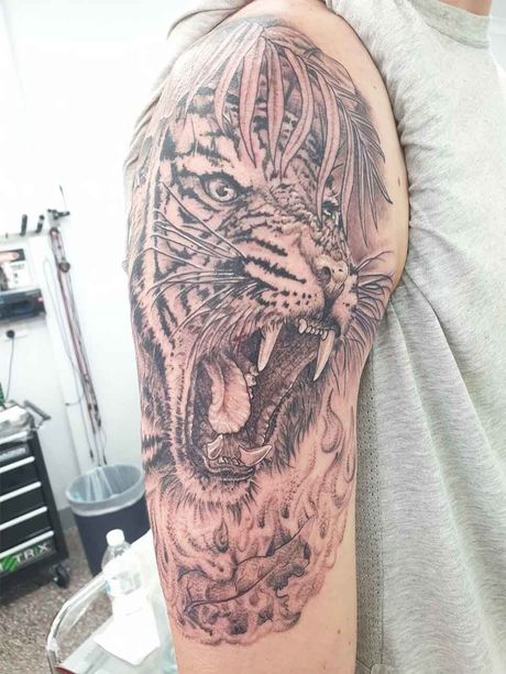 Roaring Tiger Tattoo On Half Sleeve - Tattoo Studio in Kawana, QLD