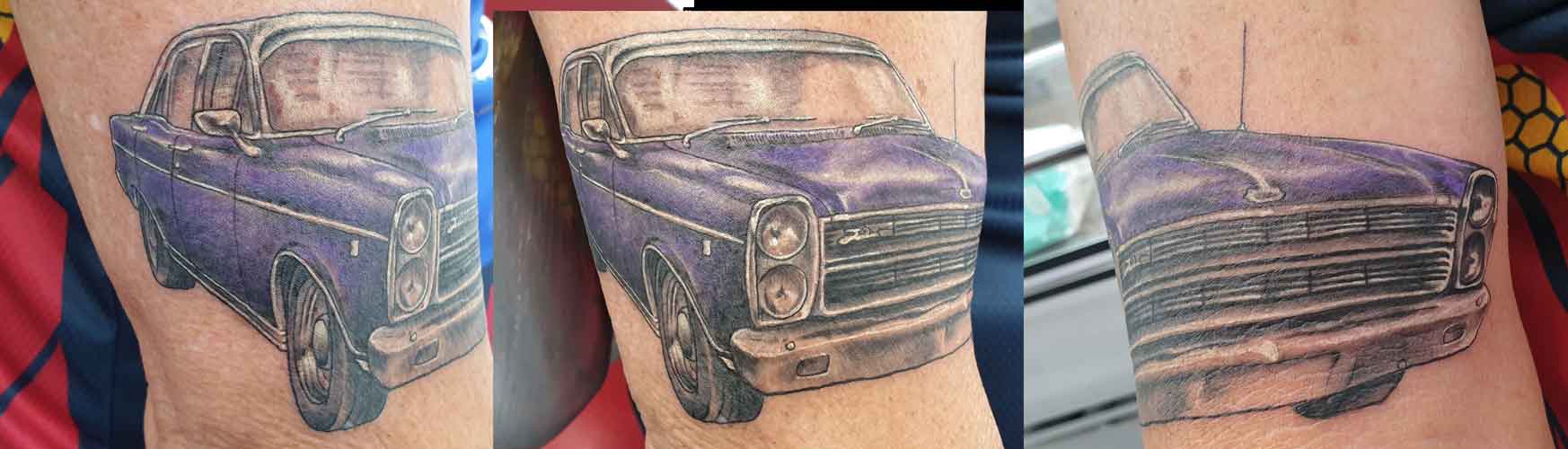 Slim Dusty’s “Old Purple” Fairlane 500. Shaded Colour Realism. Ink By Kel - Tattoo Studio in Kawana, QLD