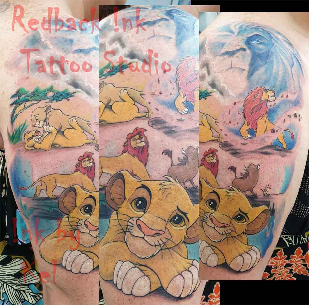 Lion King Sleeve Mixing All The Client’s Favourite Scenes. Full Colour. Ink By Kel - Tattoo Studio in Kawana, QLD