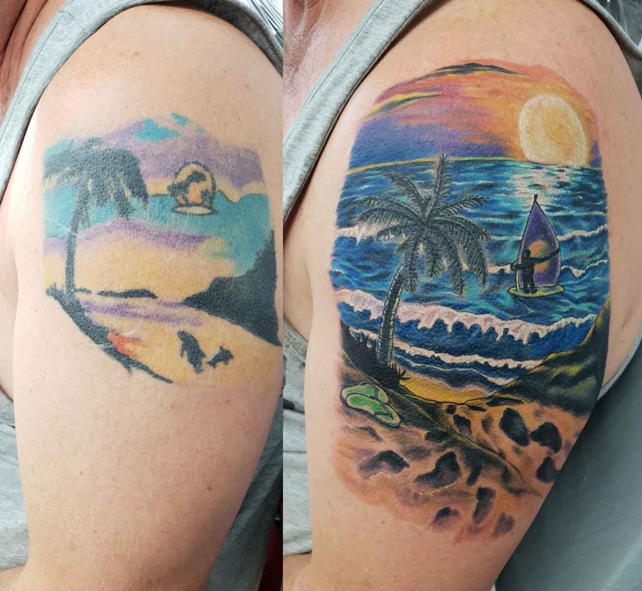 Cover/Rework. Left: Old Tattoo, Hard To Understand. (When Does The Ocean Go Behind The Sun?) Right: Freehand Final Product. Ink By Kel - Tattoo Studio in Kawana, QLD