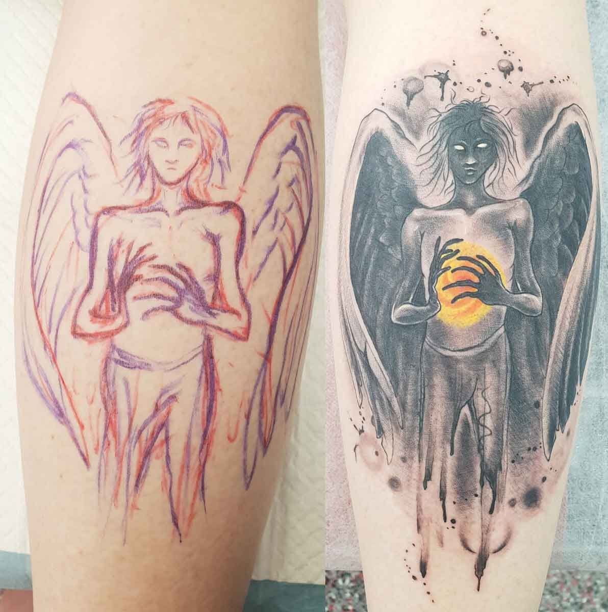 Example Of Freehand On Back Of Calf. Left: Drawing Of Concept Design “Dark Angel”. Right: Finished Product Of Freehand Watercolour. Ink By Kel - Tattoo Studio in Kawana, QLD