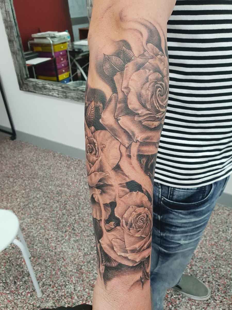 Roses Half Sleeve. Greywash Realism. Ink By Kel - Tattoo Studio in Kawana, QLD