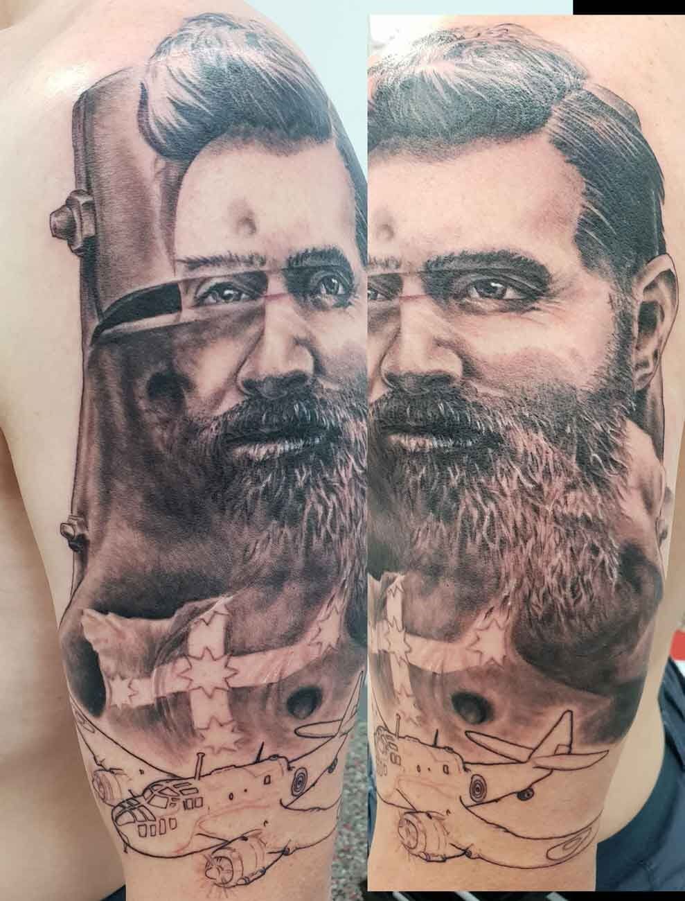 Ned Kelly And Helmet With Eureka Flag. Fusion Art Greywash Realism. Sleeve Work In Progress. Ink By Kel - Tattoo Studio in Kawana, QLD