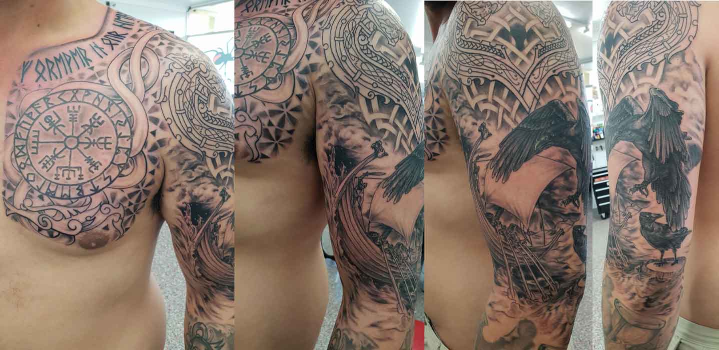 Viking Inspired Chest Plate And Sleeve. Greywash. Ink By Kel - Tattoo Studio in Kawana, QLD