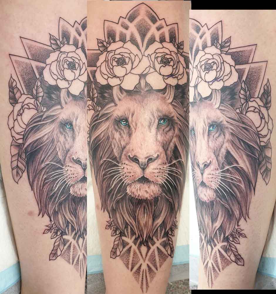 Lion, Flowers And Mandalas On Front Of Shin. Mixed Styles, Including Modern/New School, Dot Work And Realism With Colour Pop. Sleeve Work In Progress. Ink By Kel - Tattoo Studio in Kawana, QLD