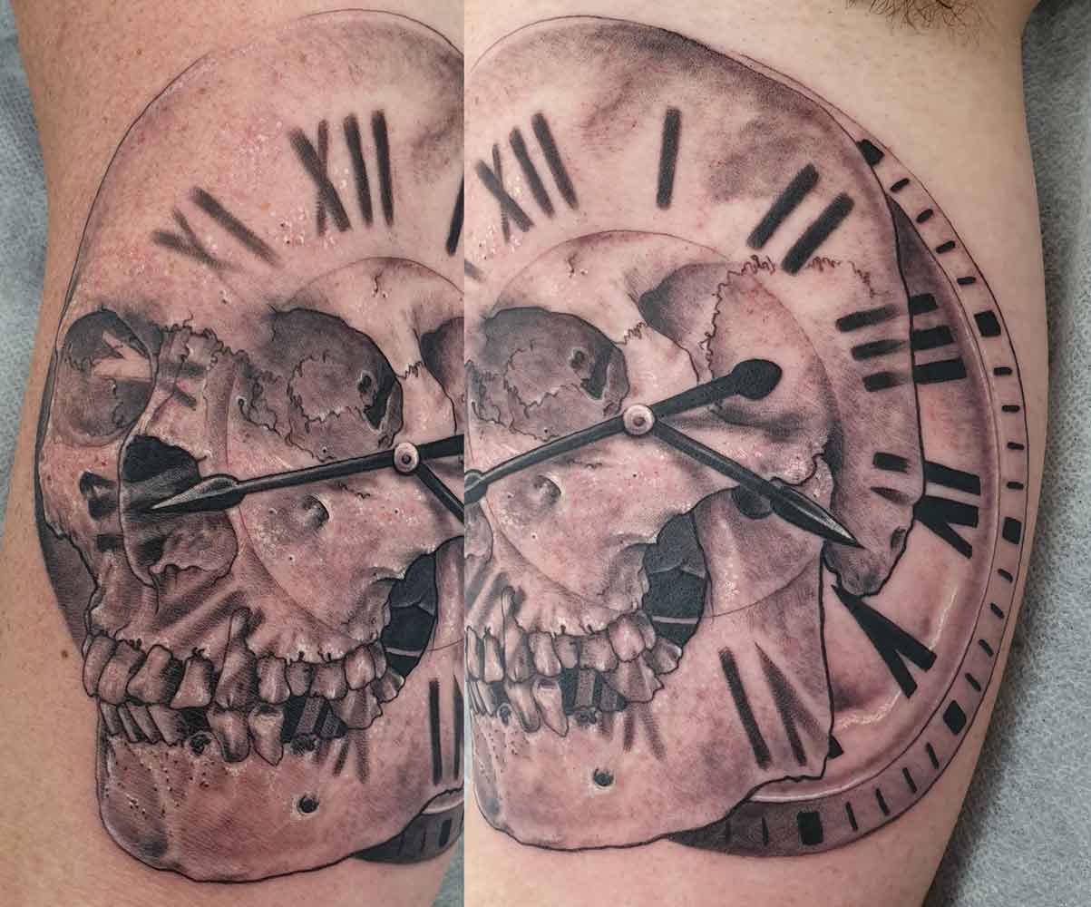 Human Skull And Clock. Realism Fusion Art On Inner Bicep. Ink By Kel - Tattoo Studio in Kawana, QLD