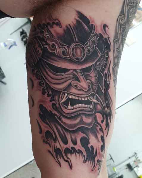 Oni Mask On Inner Bicep. Greywash. Ink By Daryll - Tattoo Studio in Kawana, QLD