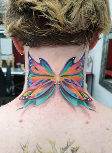 Fairy Wing On Back Of Neck. New School, Full Colour. Ink By Kel - Tattoo Studio in Kawana, QLD