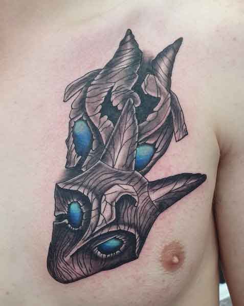 Masks On Chest. Greywash, Colour Pop. Ink //by Daryll - Tattoo Studio in Kawana, QLD