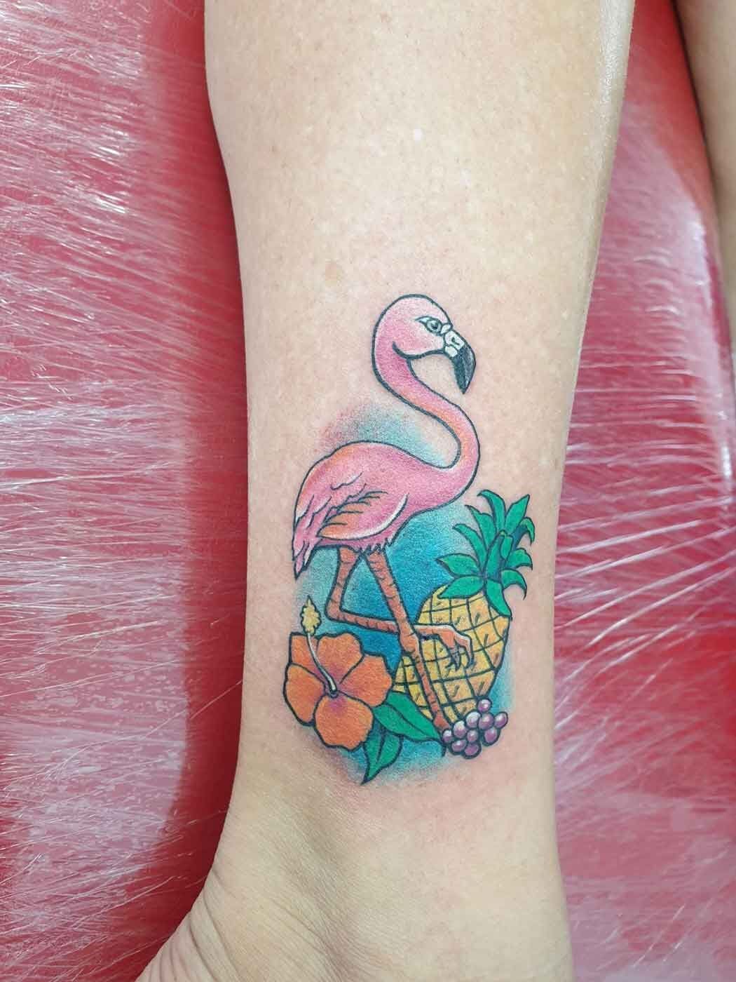 Flamingo, Pineapple And Hibiscus On Inner Ankle. Neo-Traditional Colour. Ink By Kel - Tattoo Studio in Kawana, QLD