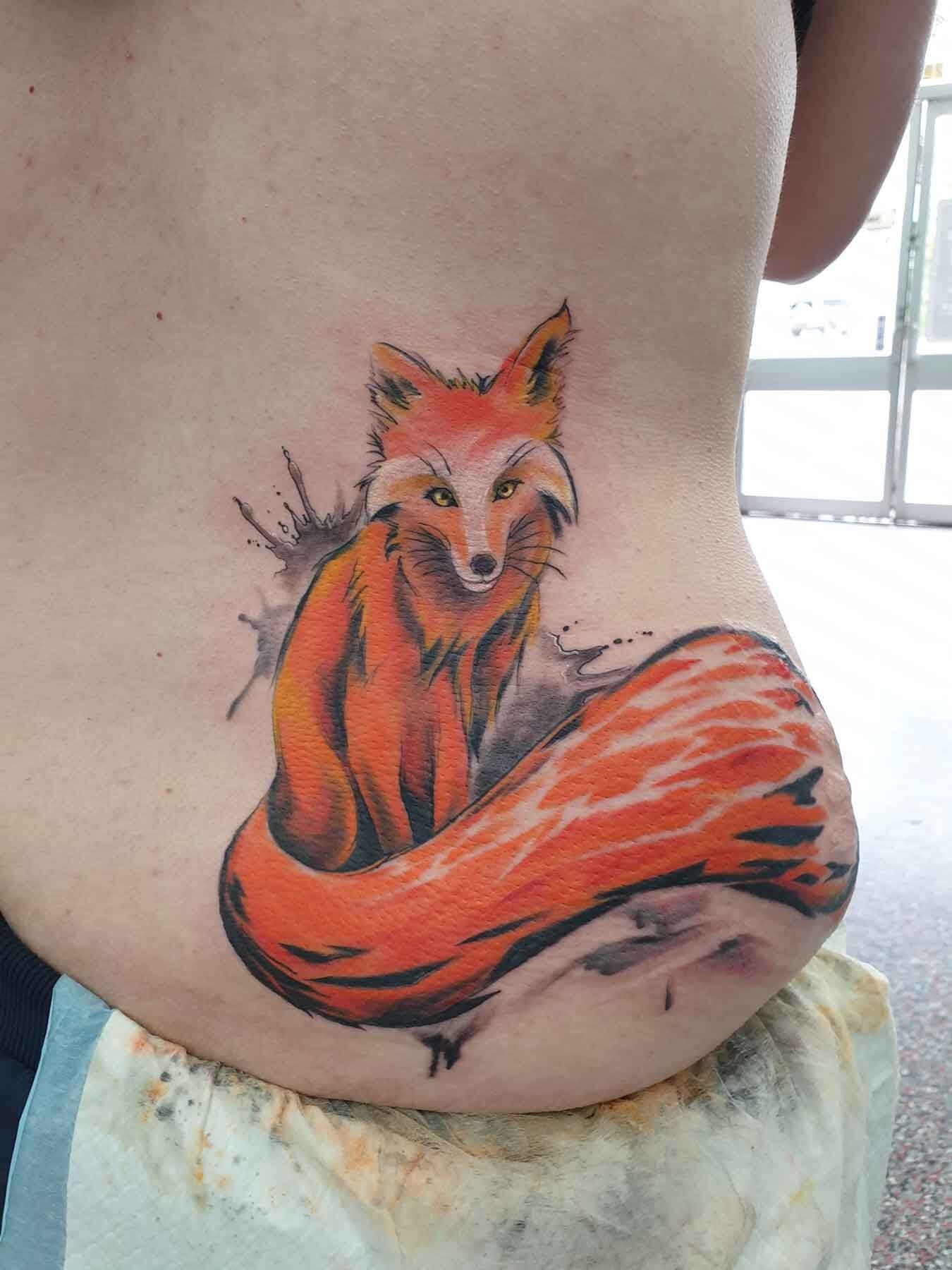 Watercolour Fox On Hip. Ink By Kel - Tattoo Studio in Kawana, QLD