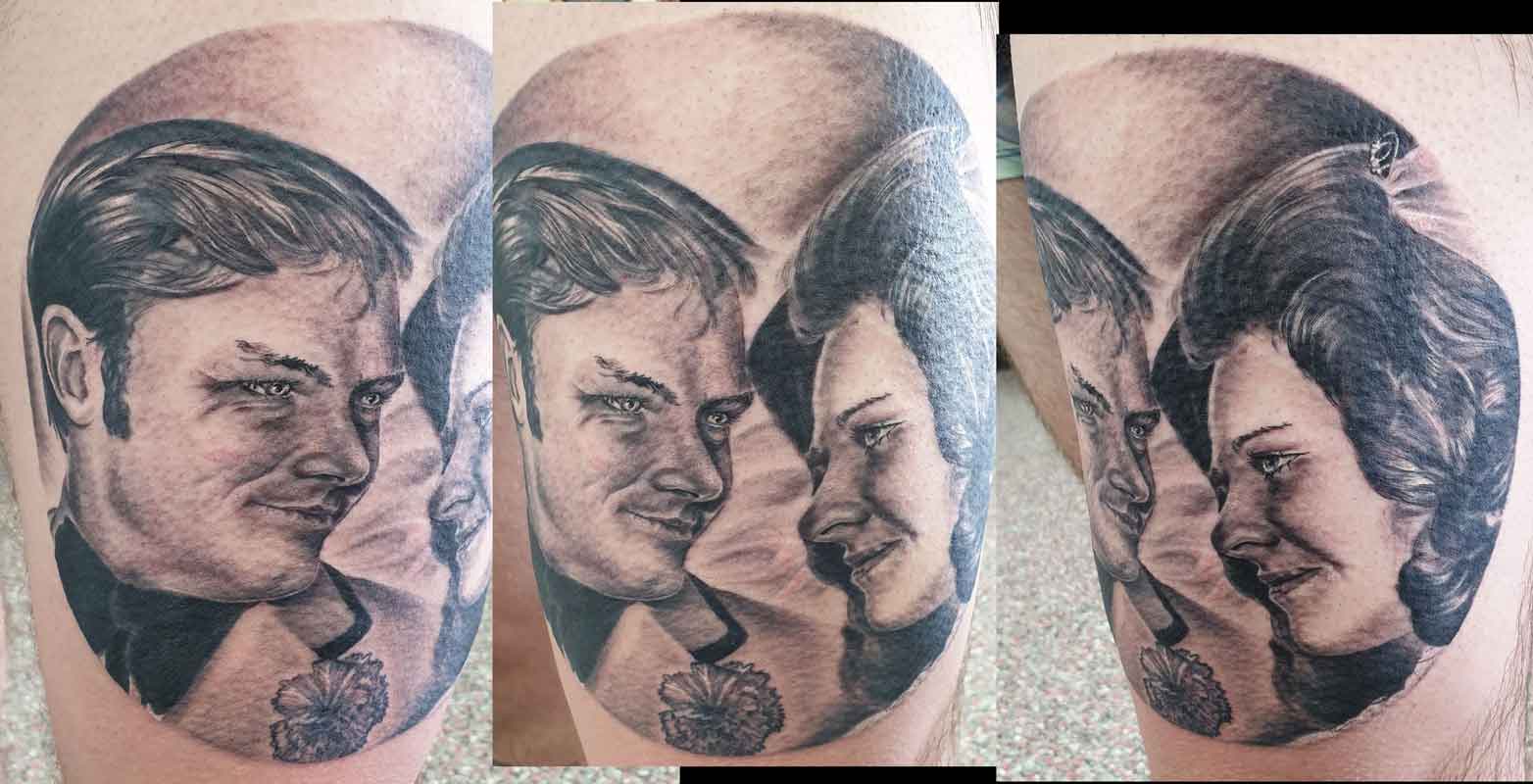 Portrait Of Parents On Thigh. Greywash Realism. Ink By Kel - Tattoo Studio in Kawana, QLD