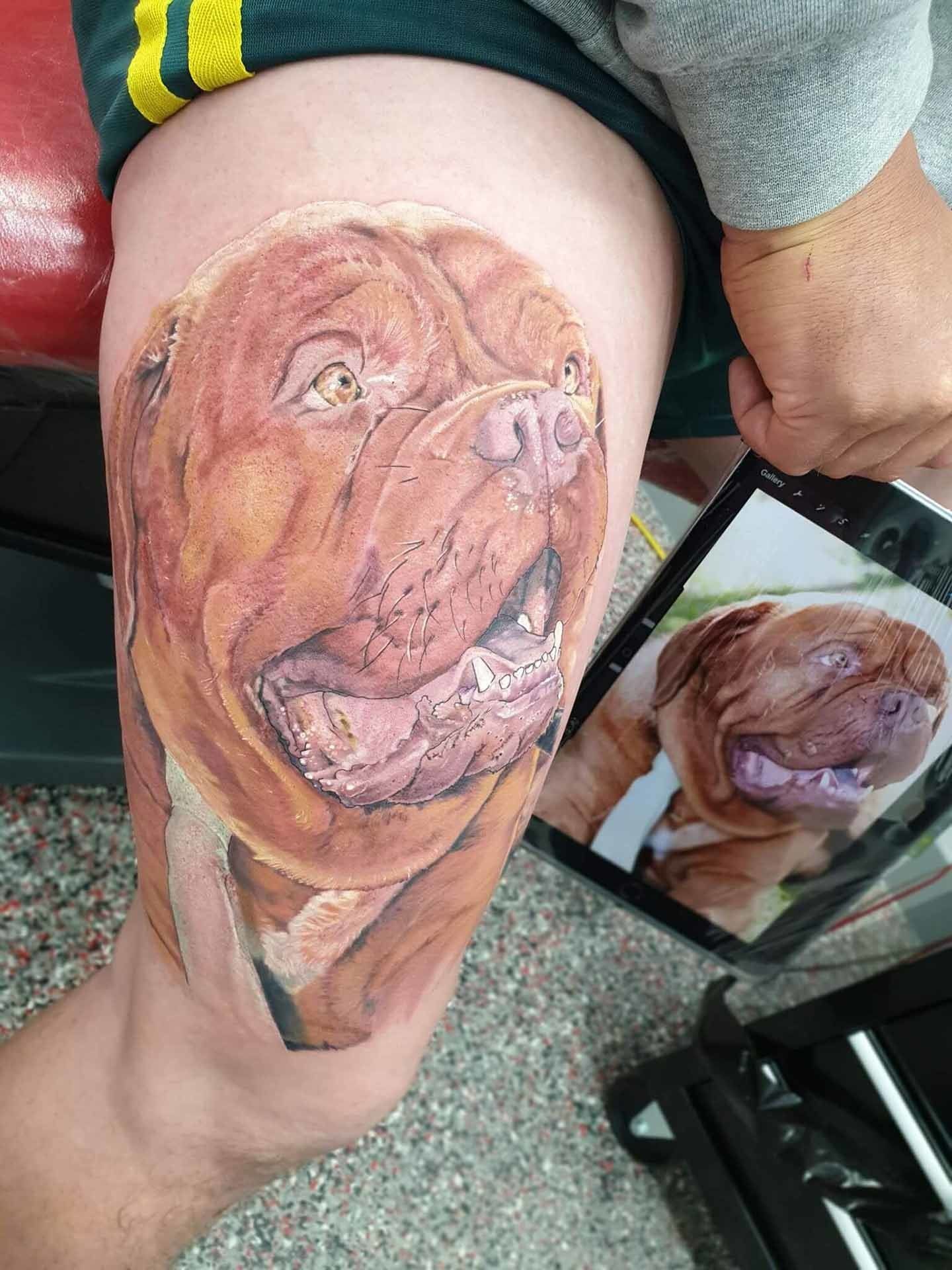 Dog Tattoo On Leg - Tattoo Studio in Kawana, QLD